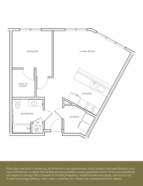 A floor plan of an apartment with a bedroom, living room, kitchen, bathroom, laundry, and walk-in closet.
